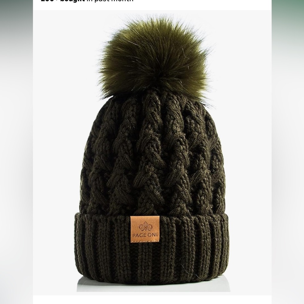 NWT: Page One Green Knit Pom-Pom Beanie with Sherpa lining